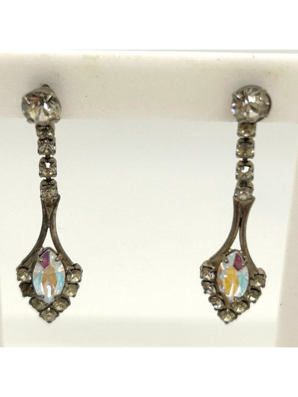 Vintage Rhinestone Dangle Earrings Aurora Borealis Silver Tone Bridal Prom Weddi